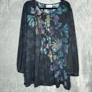 Linea 2X Shirt Top Blue Floral Long Sleeve Round Neck Sheet Casual Womens